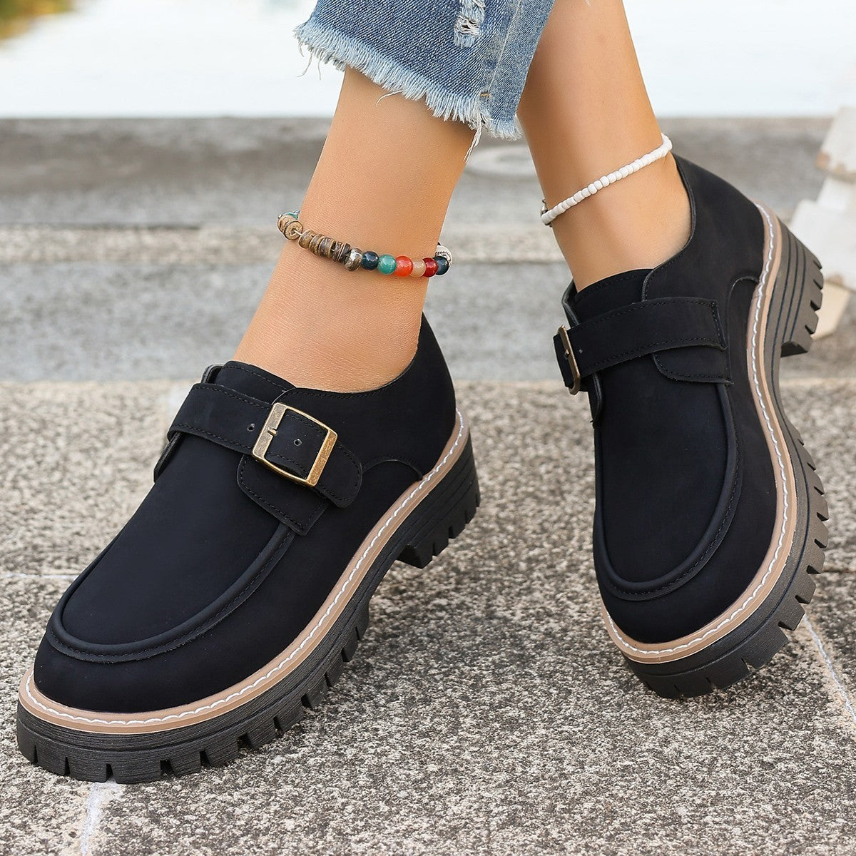 Mocasines con hebilla de moda para mujer Zapatos casuales de suela gruesa con aumento de altura de estilo británico