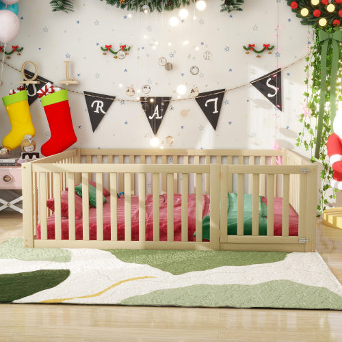 Kinderbett 140 X 200 Holzboden Bettrahmen Mit Zaun Und Tur Holzfarbe