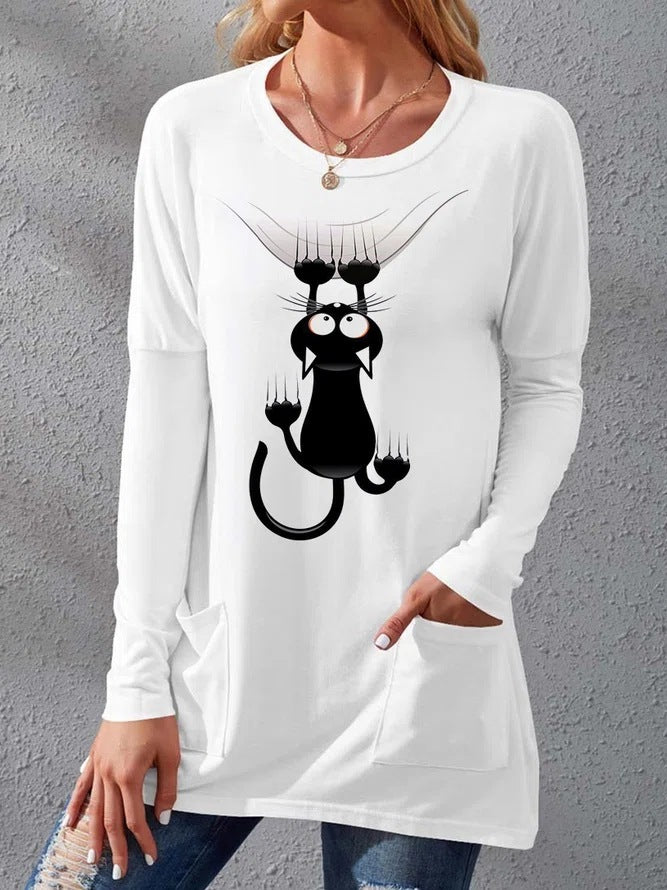Women's Pocket Round Neck T-shirt Printed Loose Long Sleeve Dress