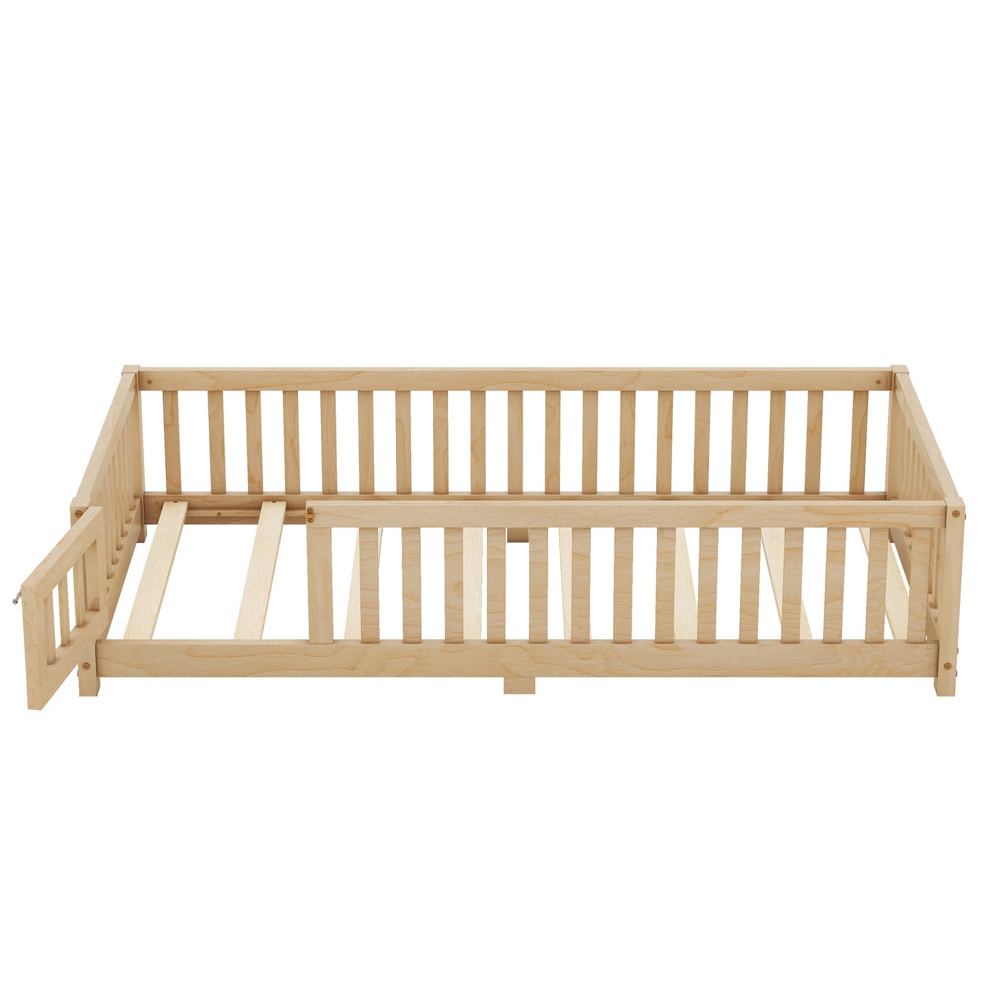 Twin Size Bed Floor Bed With Safety Guardrails And Door For Kids, Natural