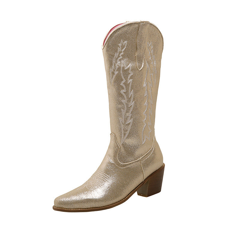 Botas de caballero con punta fluorescente y tacón grueso hasta media pantorrilla para mujer europea y americana