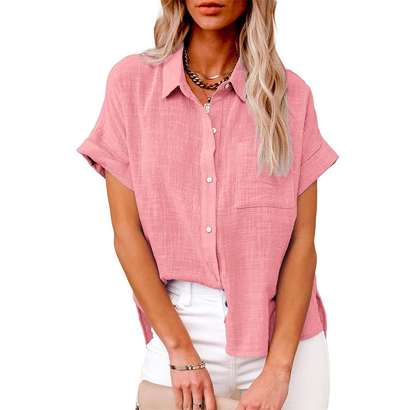 Camisa de manga corta con solapa de verano y bolsillos, moda informal, color liso, con botones, ropa para mujer