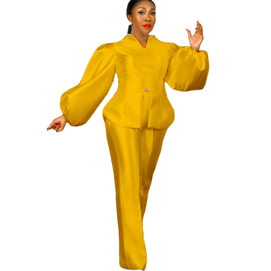 Women's Fashion Solid Color Puff Sleeve Top Wide Leg Pants Two-piece Set