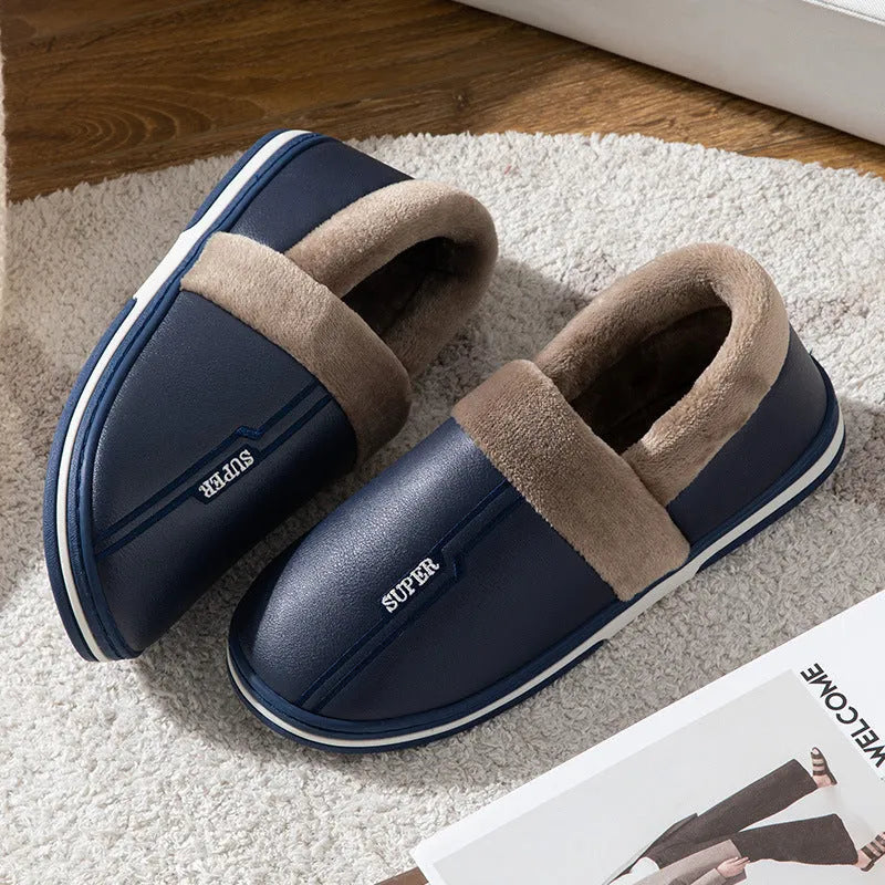 Zapatillas de cuero impermeables con fondo grueso, zapatos cálidos antideslizantes para interiores