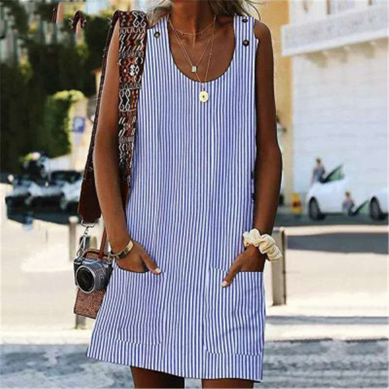 Vestido corto informal de verano a rayas con cuello en U, sin mangas, con bolsillos y botones en la espalda, recto y adelgazante para mujer