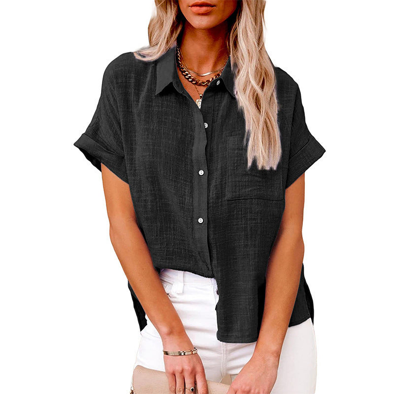 Camisa de manga corta con solapa de verano y bolsillos, moda informal, color liso, con botones, ropa para mujer