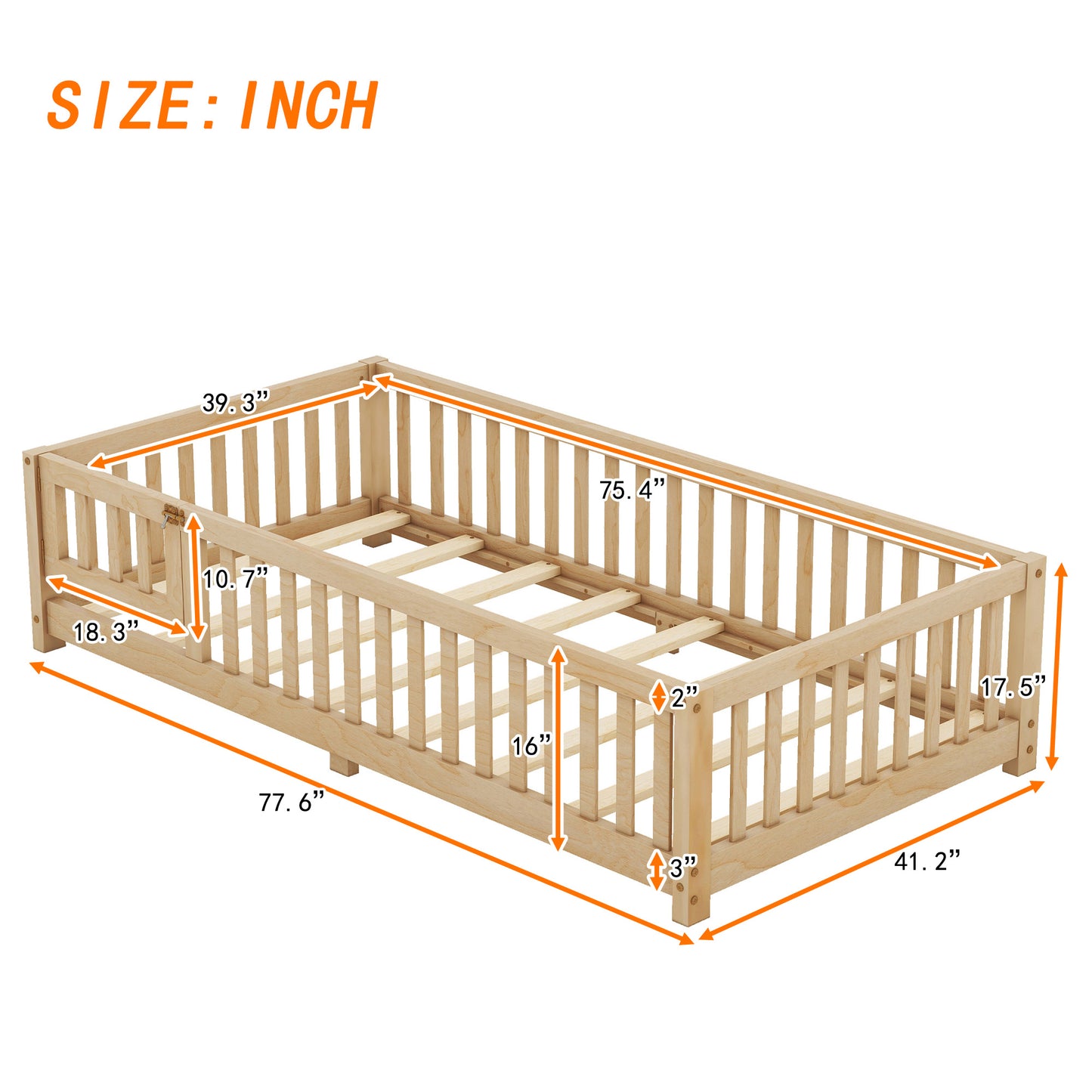 Twin Size Bed Floor Bed With Safety Guardrails And Door For Kids, Natural
