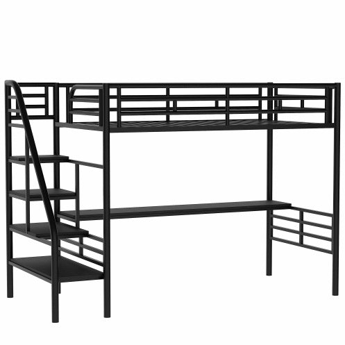 Cama alta de metal con escritorio, sin somier, tamaño individual, color negro
