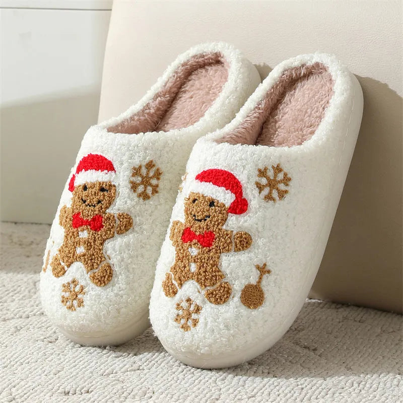 Zapatillas navideñas de pan de jengibre con copos de nieve para mujer, zapatos de casa peludos antideslizantes para interiores, para invierno