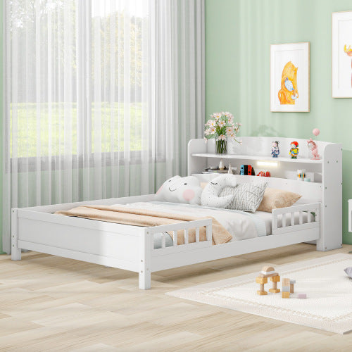 Cama de plataforma de madera tamaño completo con luz LED incorporada, cabecero con espacio de almacenamiento y barandilla, color blanco
