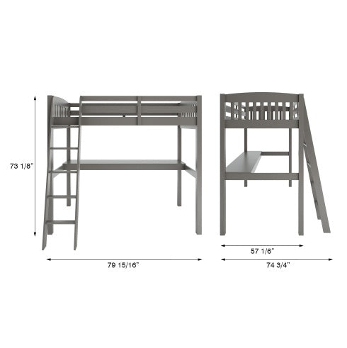 Cama alta Everest gris con escritorio y espacio de almacenamiento. Estructura de madera maciza resistente de tamaño completo con escaleras para niños pequeños. No necesita somier.