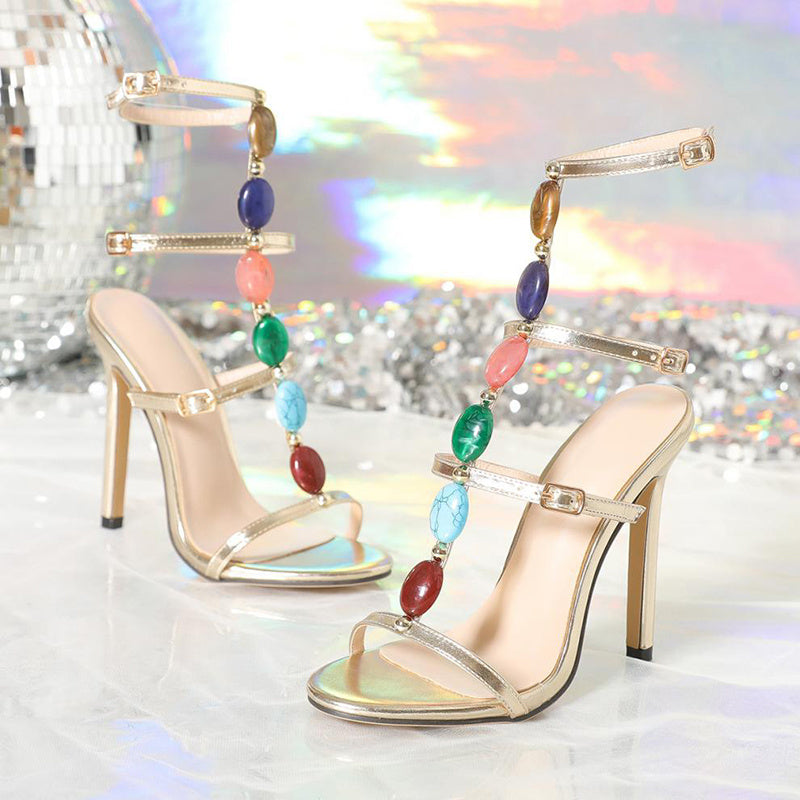 Sandalias de tacón alto con hebilla y cuentas de colores para mujer, zapatos de fiesta de verano