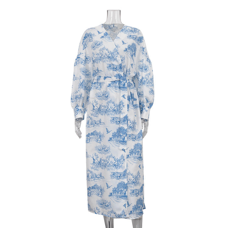 Vintage Ink Print Long Sleeve Cardigan Tied Dress