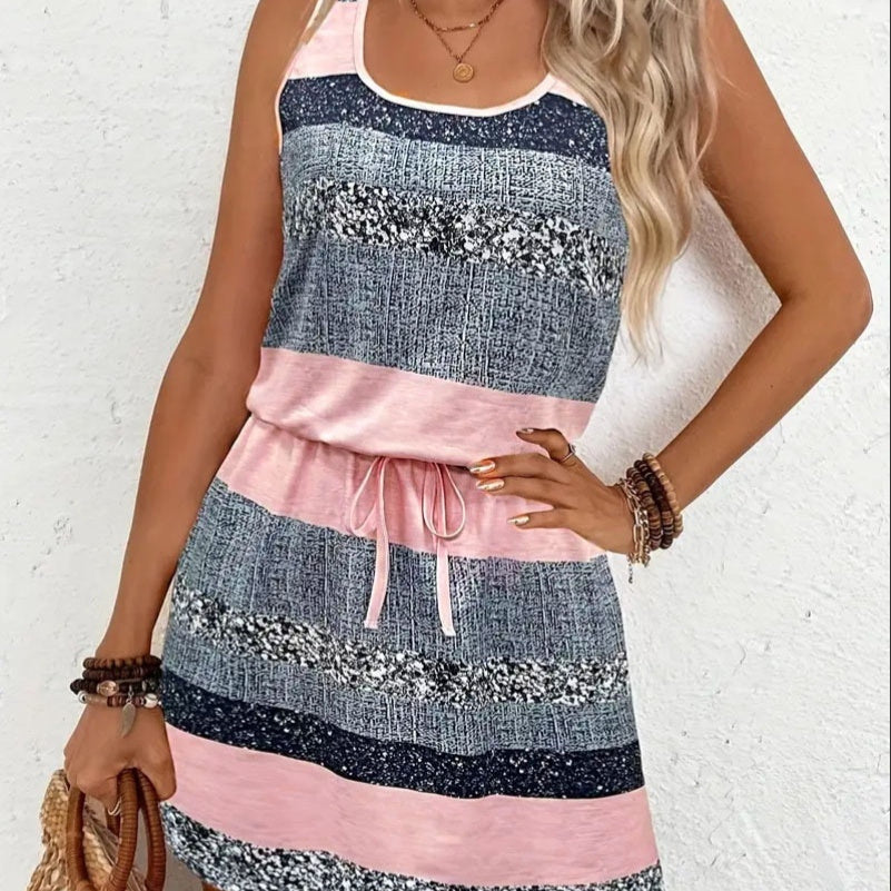New Summer Plaid Striped Round Neck U-neck Vest Dress