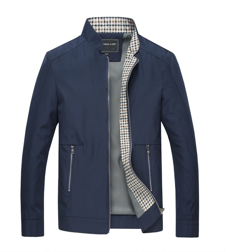J16-Chaqueta de primavera y otoño para hombre, abrigo fino informal de negocios de mediana edad, chaqueta con cuello levantado