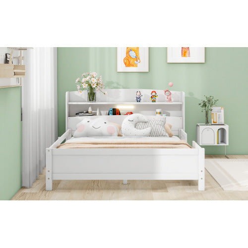 Cama de plataforma de madera tamaño completo con luz LED incorporada, cabecero con espacio de almacenamiento y barandilla, color blanco
