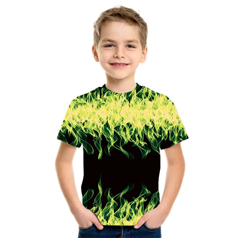 Camiseta de manga corta con estampado 3D de llamas de tres colores para niño nueva