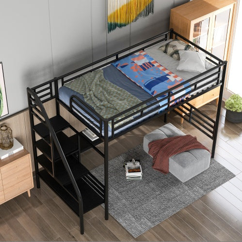 Cama alta de metal con escritorio, sin somier, tamaño individual, color negro