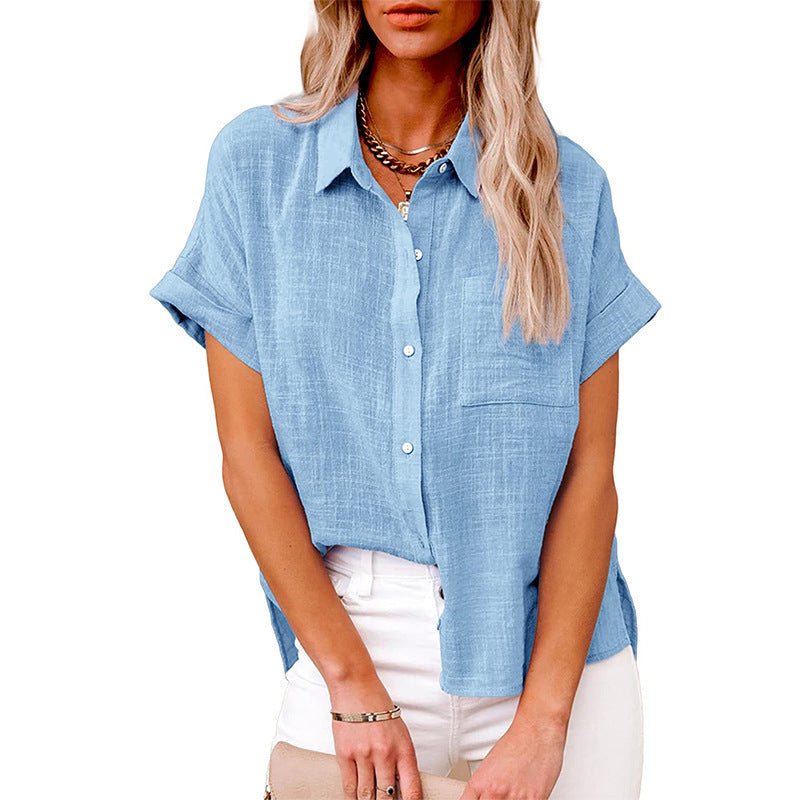 Camisa de manga corta con solapa de verano y bolsillos, moda informal, color liso, con botones, ropa para mujer