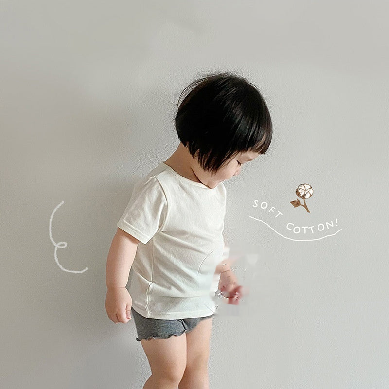 Conjunto de camiseta de manga corta con cuello redondo, color liso, para niños pequeños