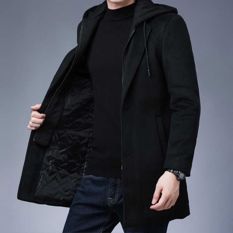 Chaqueta de abrigo de invierno de lana con capucha desmontable para hombre de longitud media con un solo pecho