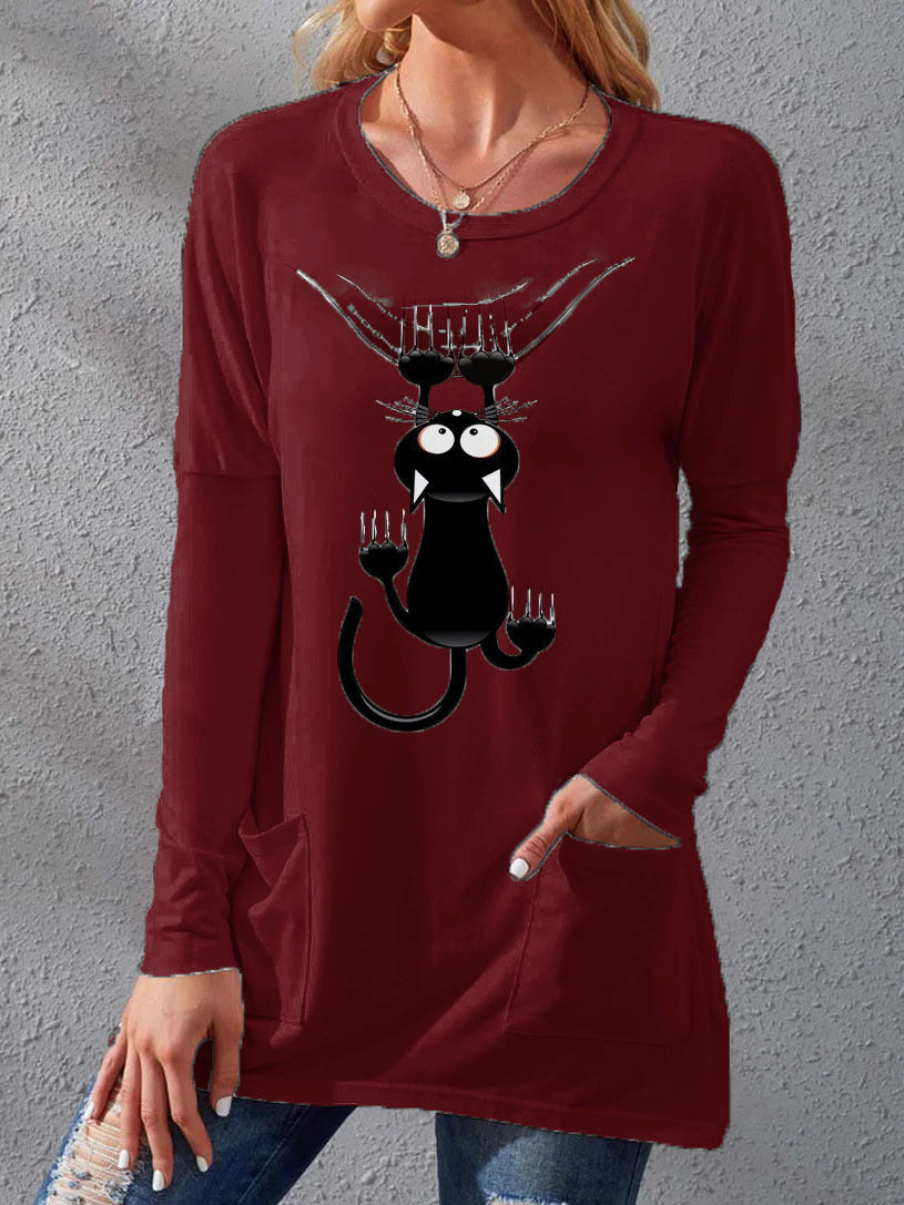 Women's Pocket Round Neck T-shirt Printed Loose Long Sleeve Dress