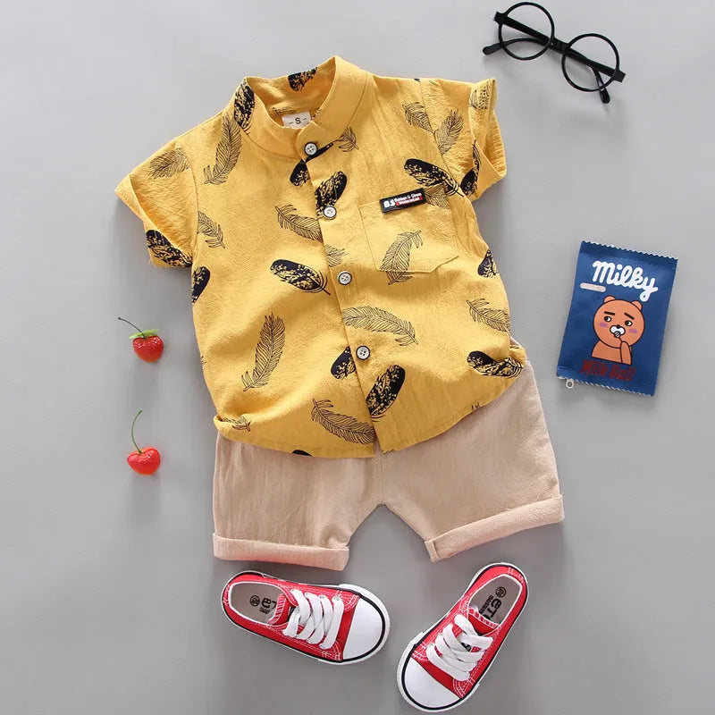 Bebé niños bebé pluma dibujos animados manga corta camisa pantalones cortos traje de dos piezas