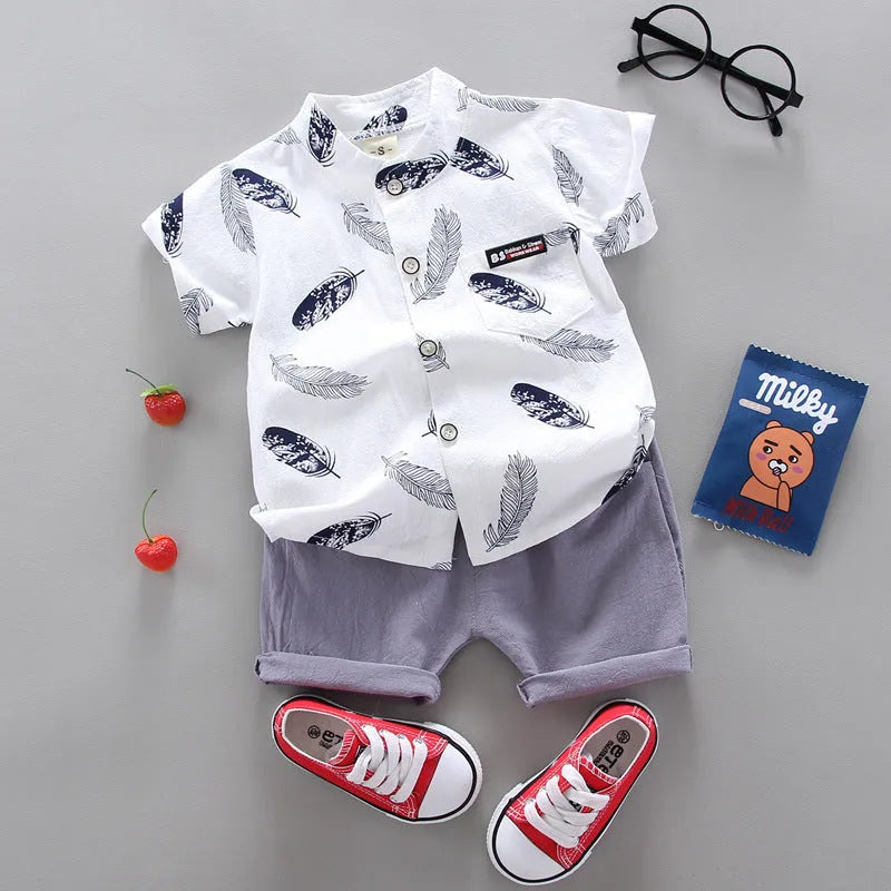 Bebé niños bebé pluma dibujos animados manga corta camisa pantalones cortos traje de dos piezas