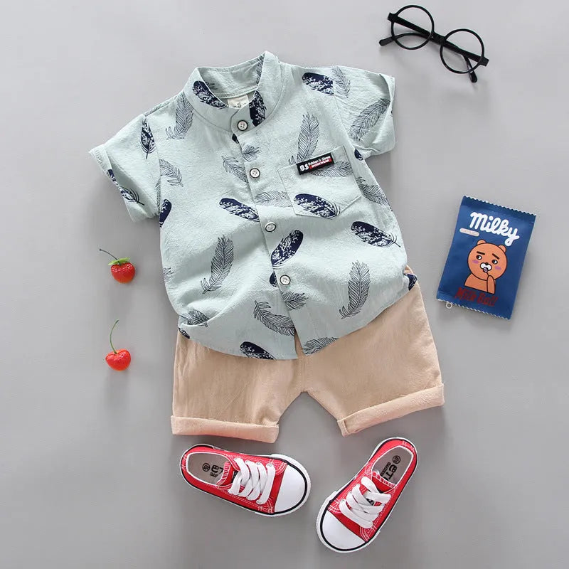 Bebé niños bebé pluma dibujos animados manga corta camisa pantalones cortos traje de dos piezas