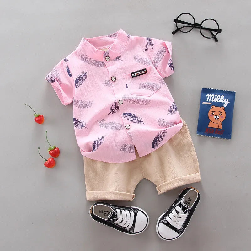 Bebé niños bebé pluma dibujos animados manga corta camisa pantalones cortos traje de dos piezas