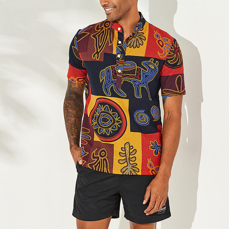 European And American Fashion Totem Print Shirt Large Size Collar Short Sleeve Top