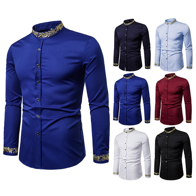 Camisa blanca con bordado dorado para hombre, camisas de vestir con cuello alto nueva, informal, ajustada, de manga larga, Camisa Masculina