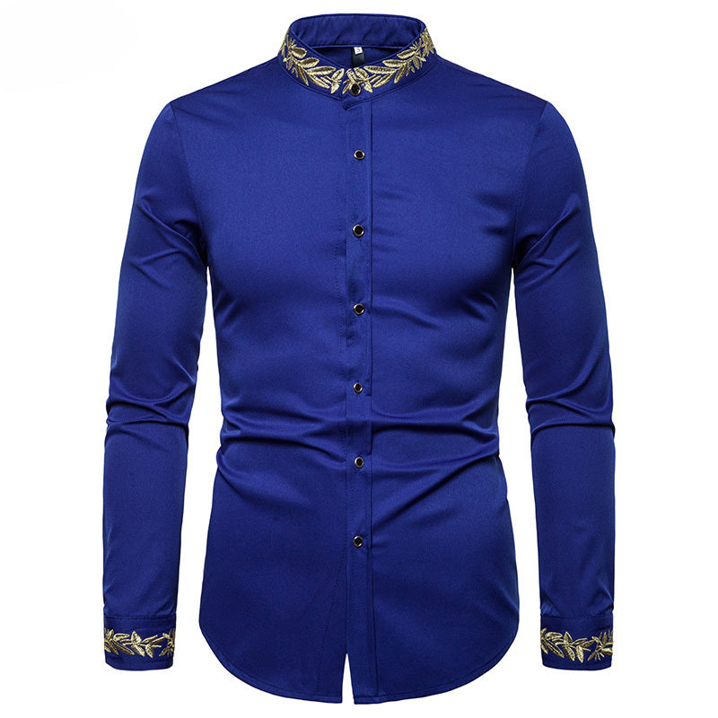 Camisa blanca con bordado dorado para hombre, camisas de vestir con cuello alto nueva, informal, ajustada, de manga larga, Camisa Masculina