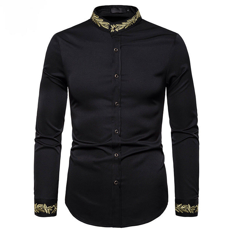 Camisa blanca con bordado dorado para hombre, camisas de vestir con cuello alto nueva, informal, ajustada, de manga larga, Camisa Masculina