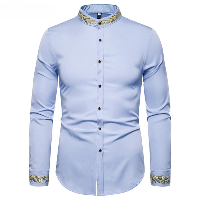 Camisa blanca con bordado dorado para hombre, camisas de vestir con cuello alto nueva, informal, ajustada, de manga larga, Camisa Masculina