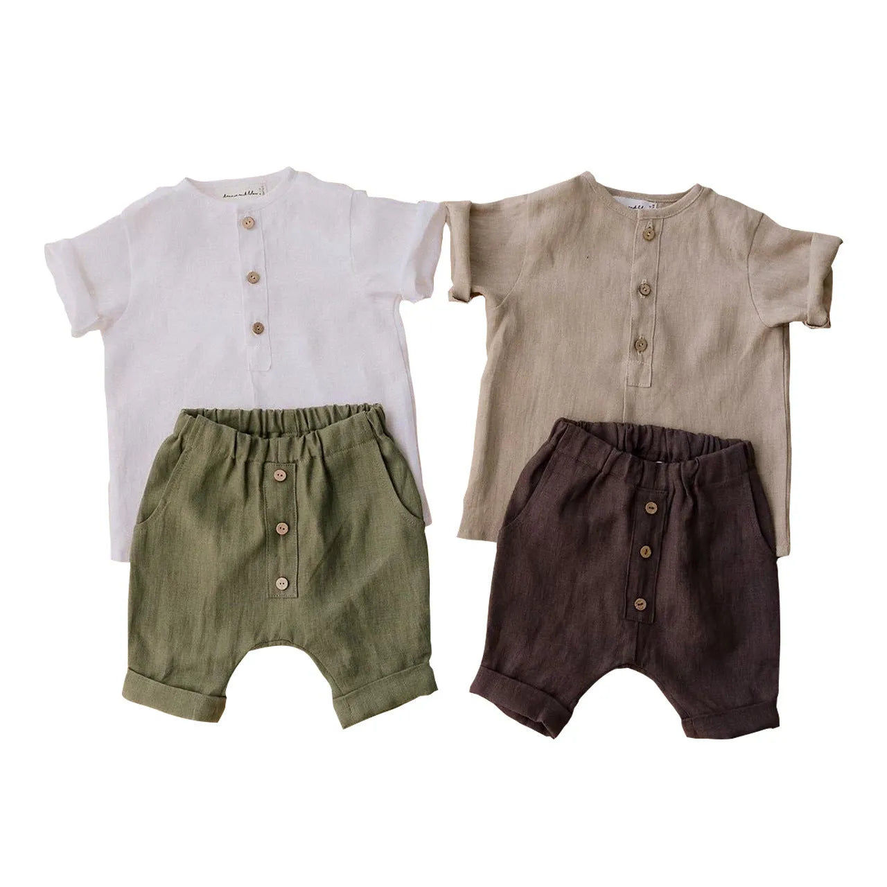 Costume d'été en coton et lin pour garçon, costume gris kaki de couleur unie | pantalon à manches courtes | deux pièces | simple boutonnage
