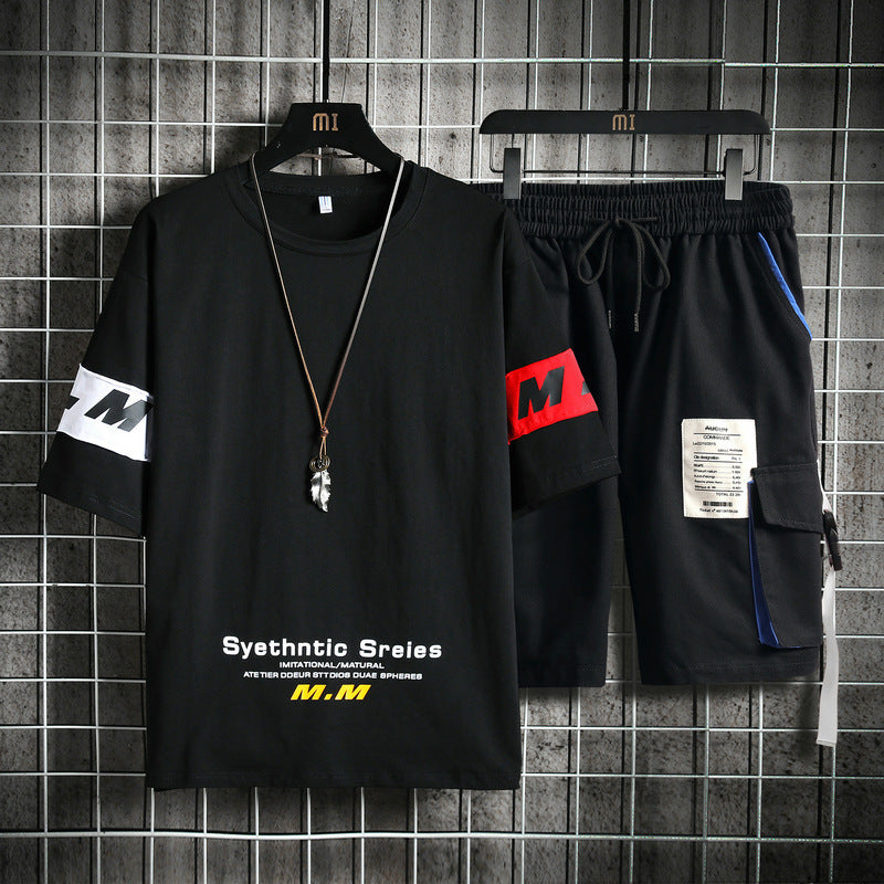 Conjuntos de chándal de verano para hombre, camiseta informal holgada de manga corta, pantalones cortos, conjuntos de 2 piezas con estampado de algodón de talla grande