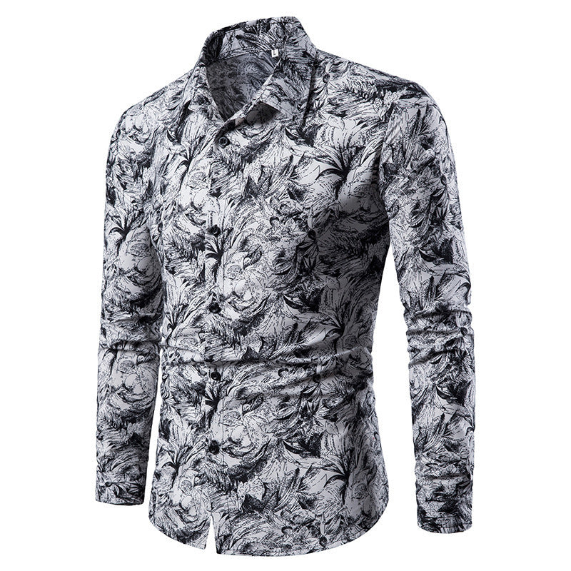 Camisa de otoño e invierno para hombre, camisa informal estampada de manga larga, camisa de vestir Social masculina ajustada para hombre
