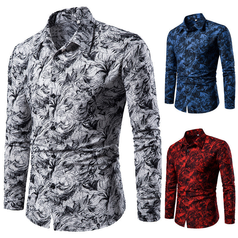 Camisa de otoño e invierno para hombre, camisa informal estampada de manga larga, camisa de vestir Social masculina ajustada para hombre