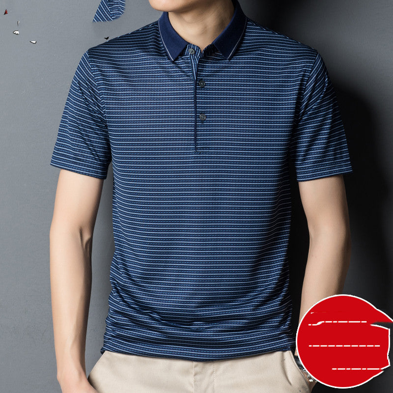 Woodpecker Silk Short-sleeved T-shirt Men Silk 40 Years Old 50 Dad Packed Middle-aged Mens Ice Silk Striped Loose