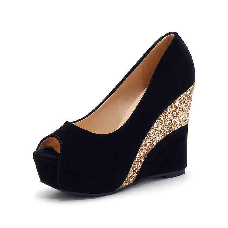 Zapatos de tacón alto con plataforma y cuña para mujer, estilo primaveral, para uso diario, con punta abierta, de gamuza en varios colores, para fiesta