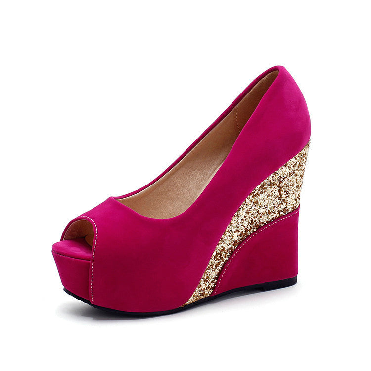 Zapatos de tacón alto con plataforma y cuña para mujer, estilo primaveral, para uso diario, con punta abierta, de gamuza en varios colores, para fiesta