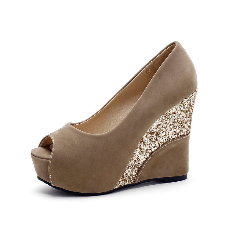 Zapatos de tacón alto con plataforma y cuña para mujer, estilo primaveral, para uso diario, con punta abierta, de gamuza en varios colores, para fiesta