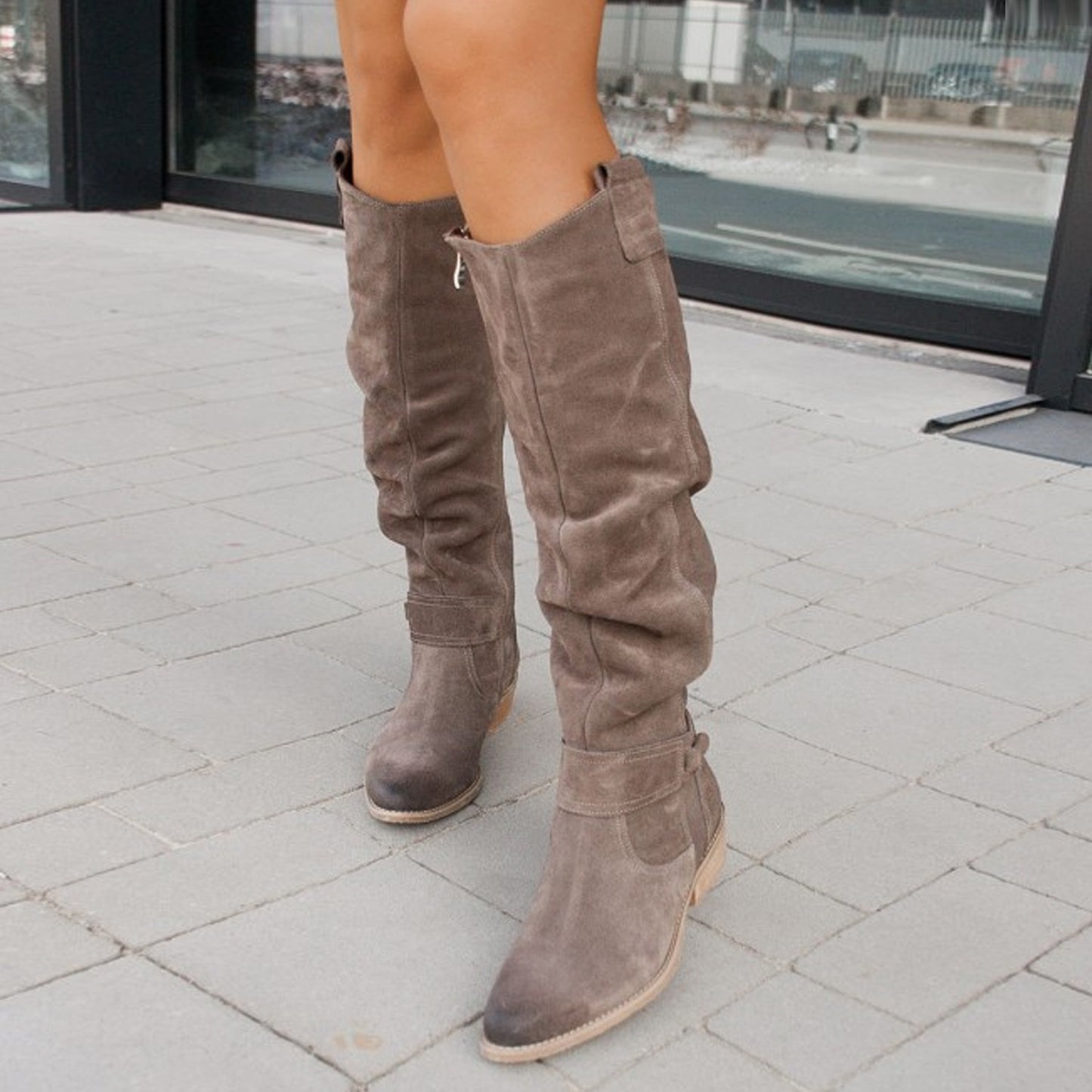 Botas altas de ante con cremallera lateral y tacón bajo para mujer, otoño e invierno