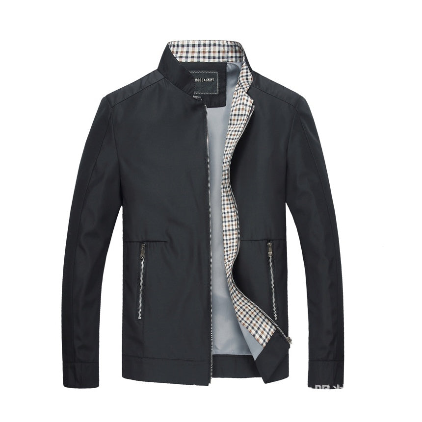 J16-Chaqueta de primavera y otoño para hombre, abrigo fino informal de negocios de mediana edad, chaqueta con cuello levantado