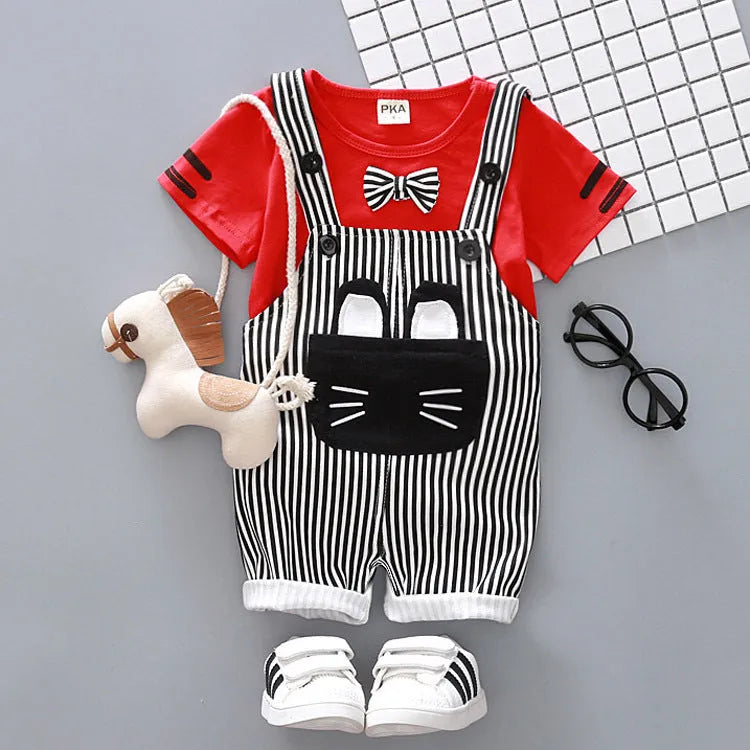 Directo de fábrica, ropa para niños guapos, traje coreano de dos piezas con correa de dibujos animados para bebés, traje de algodón de una generación A128