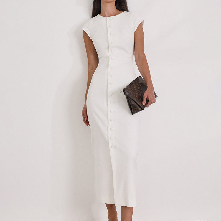 Waist-tight Single-breasted White Sheath Round Neck Flying Sleeves Dress