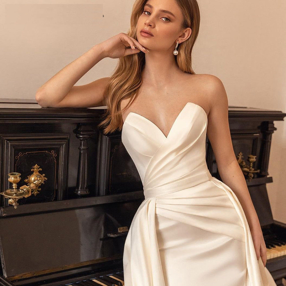 Vestido tubo de satén sexy sin espalda, cintura alta, adelgazante, con cola y desmontable en dos direcciones