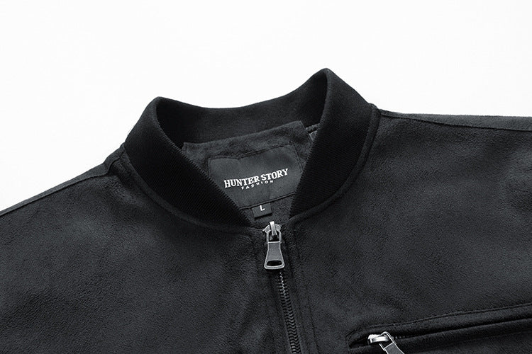 Chaqueta de ante con cuello alto para hombre Ropa con bolsillo con cremallera doble para hombre