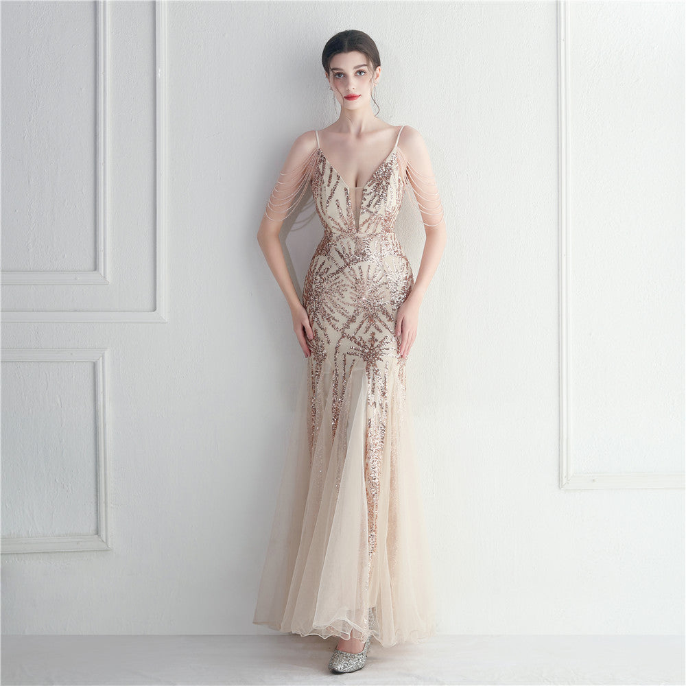 Vestido de noche largo camisola de malla con cuentas para novias y cenas de boda